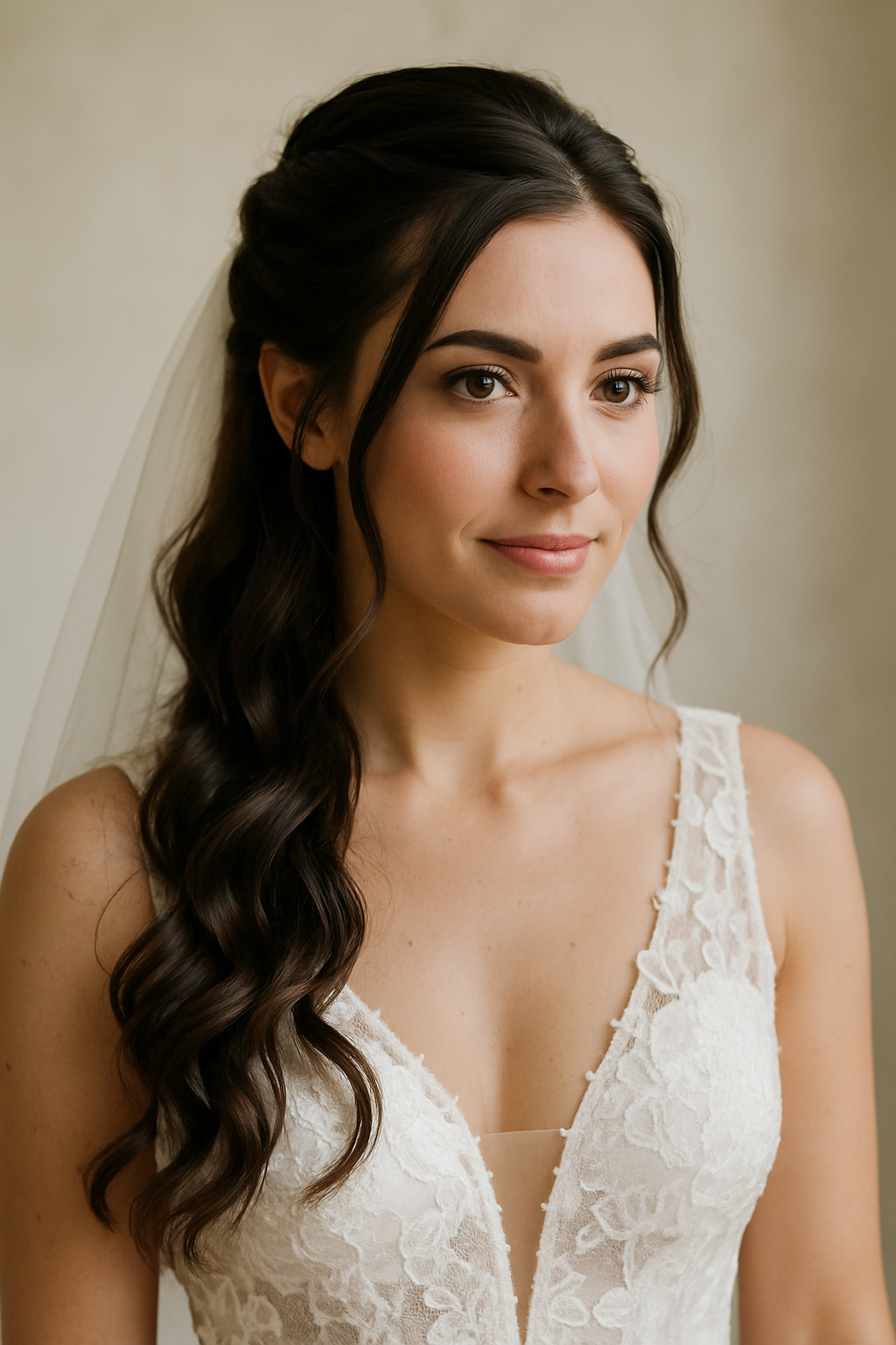 A bride with brunette hair styled in a half-up half-down hairstyle with twists, wearing a lace wedding dress.