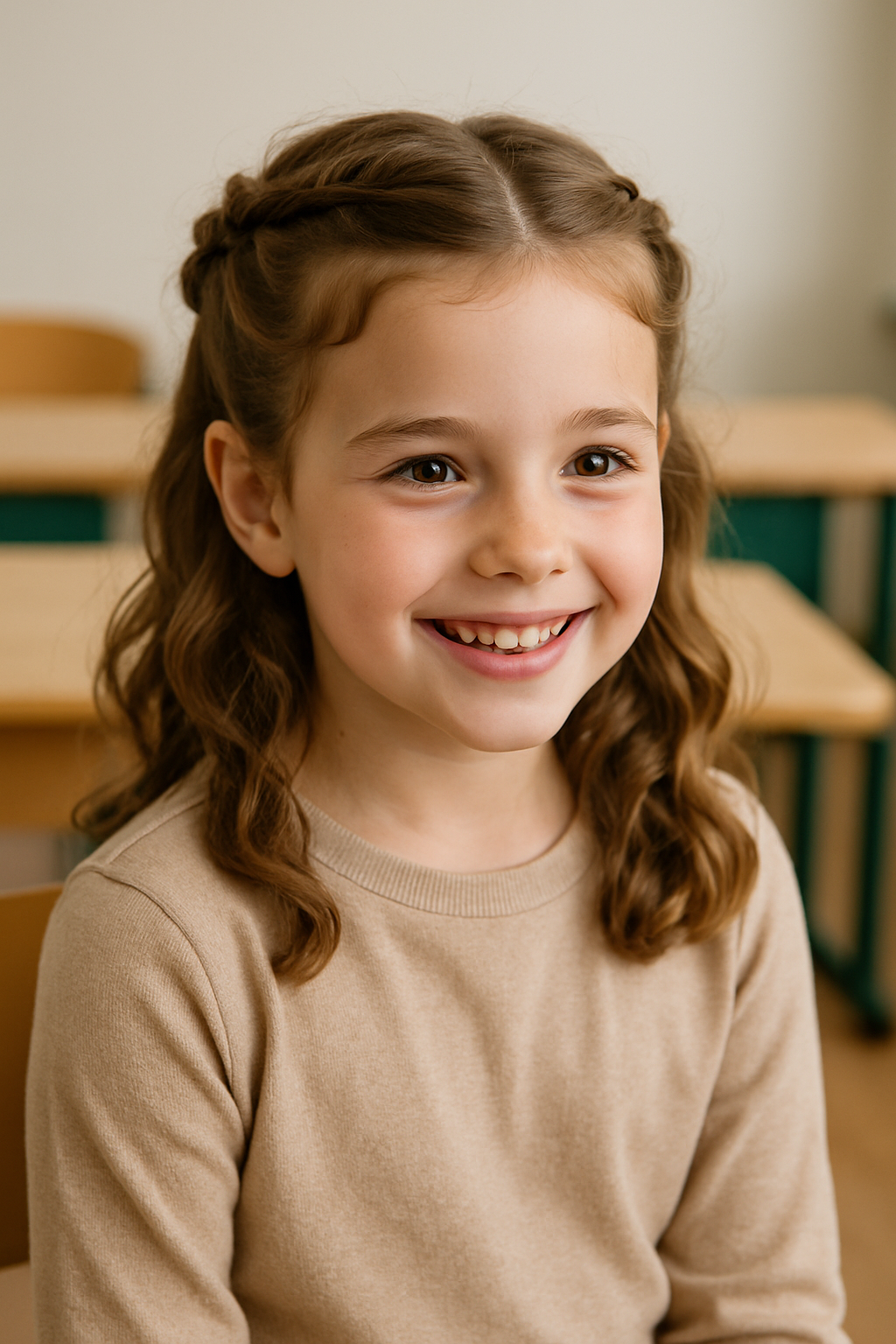 A young girl smiling, showcasing a half-up half-down hairstyle with twists.