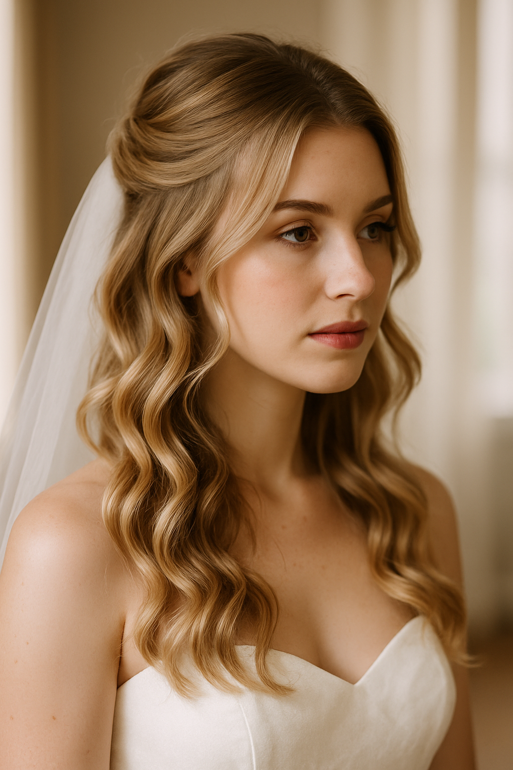 Bride with half-up half-down hairstyle and veil, featuring soft waves and a romantic look.