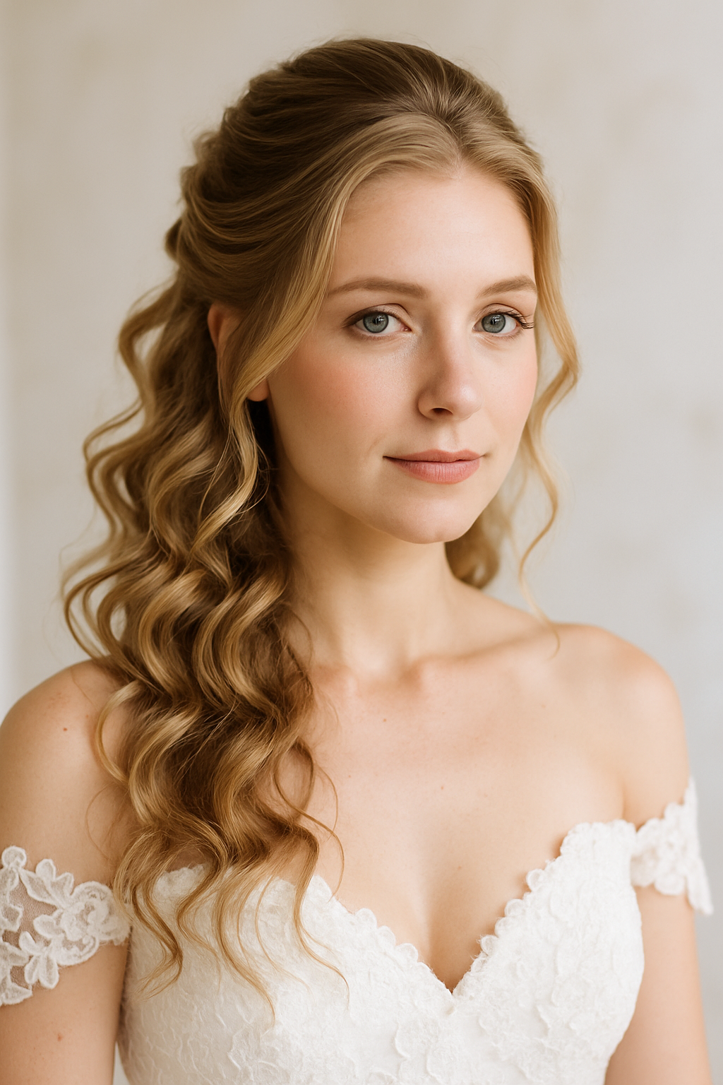 A bride with a half-up half-down hairstyle featuring soft curls and a delicate lace dress.
