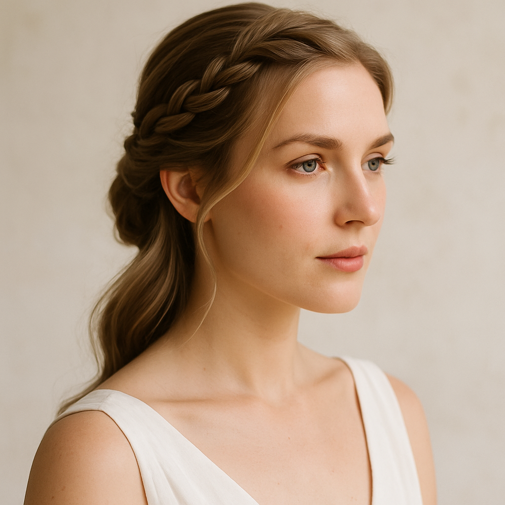 A woman with a half-up low bun hairstyle featuring braids, showcasing a simple and elegant look.