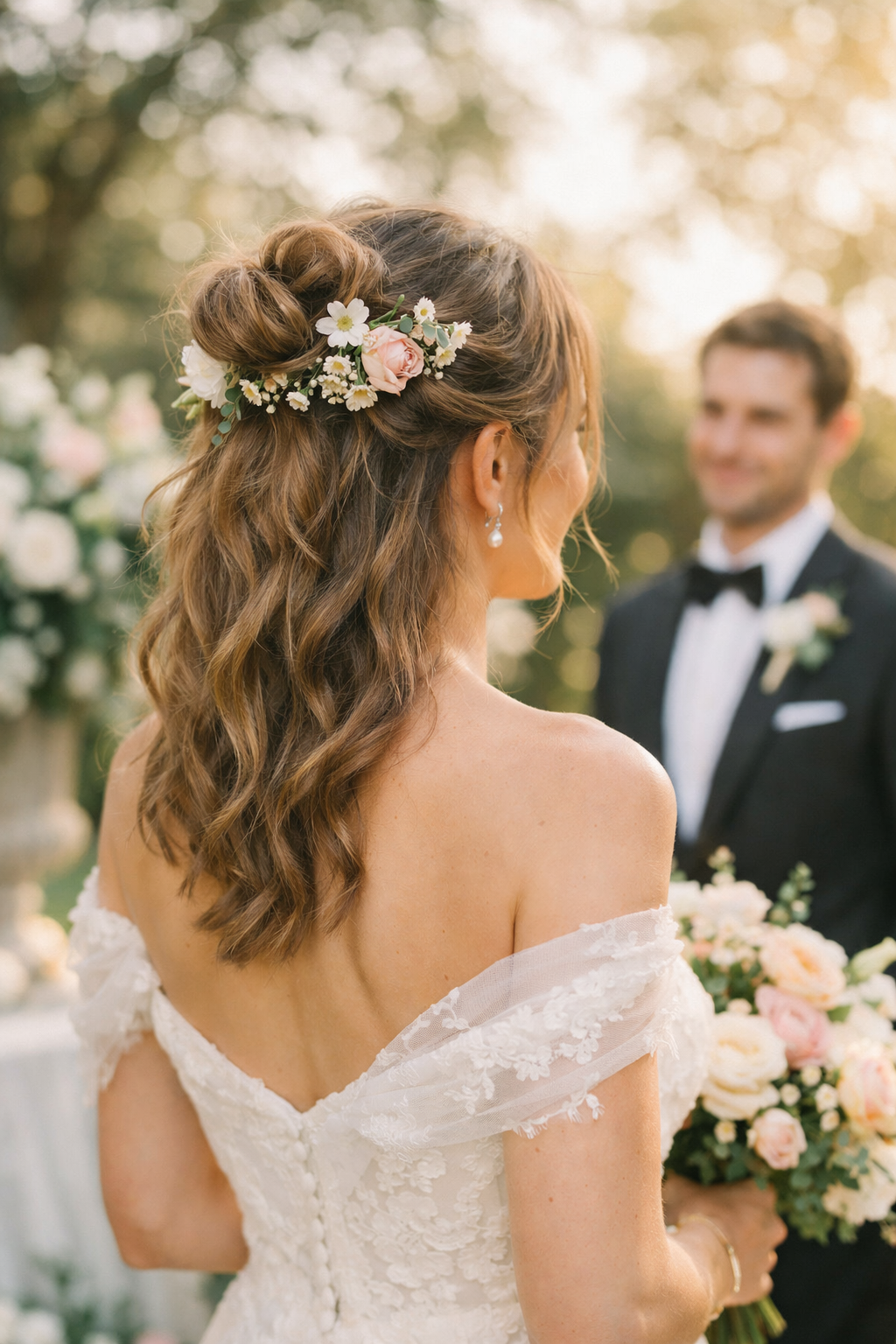 Half-up messy bun adorned with flowers, worn by a woman at a wedding