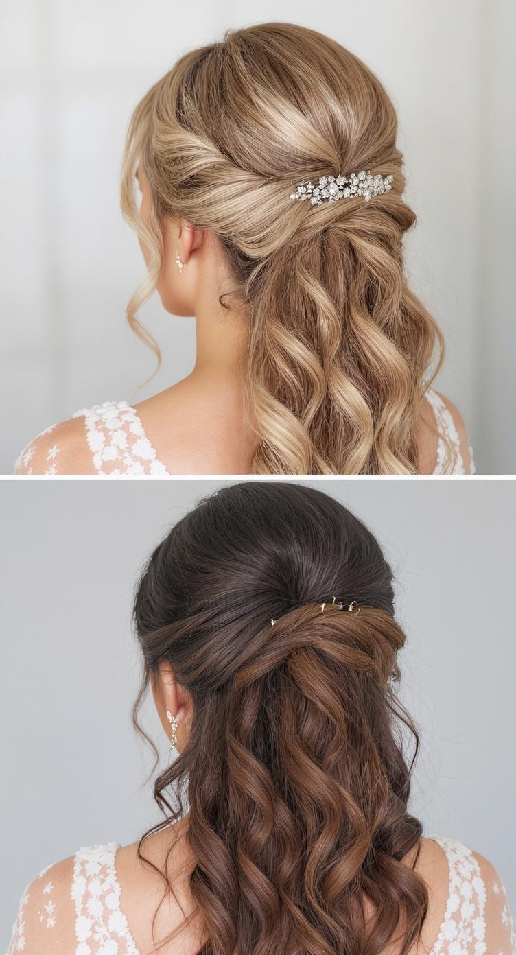 Two variations of a half-up ponytail hairstyle with curls, one with a sparkly hair accessory and the other with gold pins.