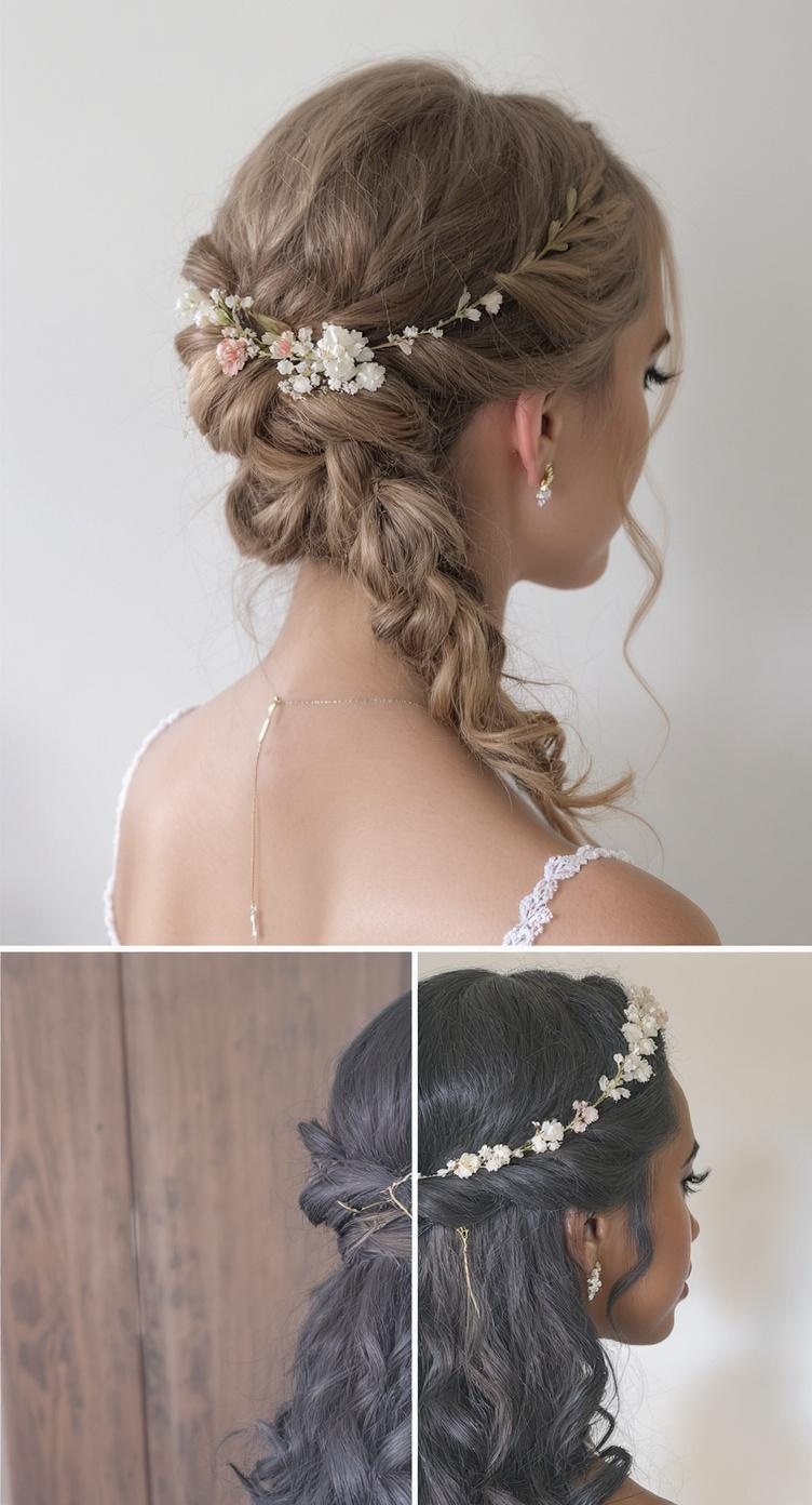 Half-up ponytail hairstyle with floral crown for bridesmaids