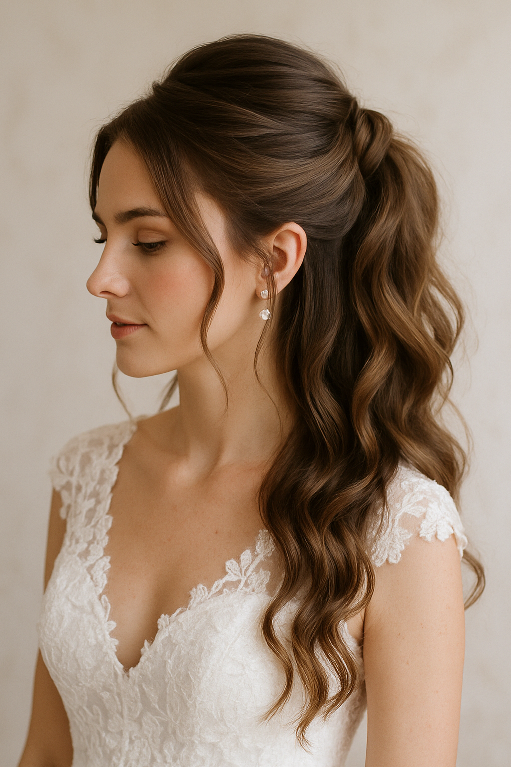 A bride with a half-up ponytail styled with soft waves, wearing elegant earrings and a lace wedding dress.
