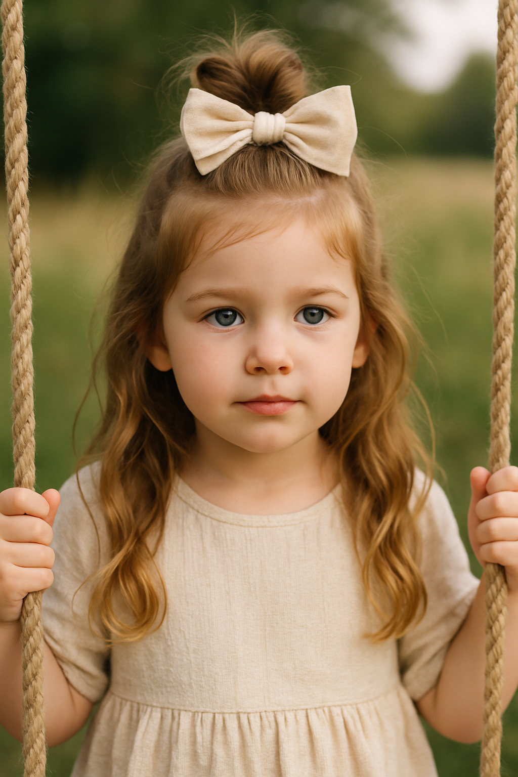 A little girl with a half-up top knot hairstyle and a bow, holding onto a swing.