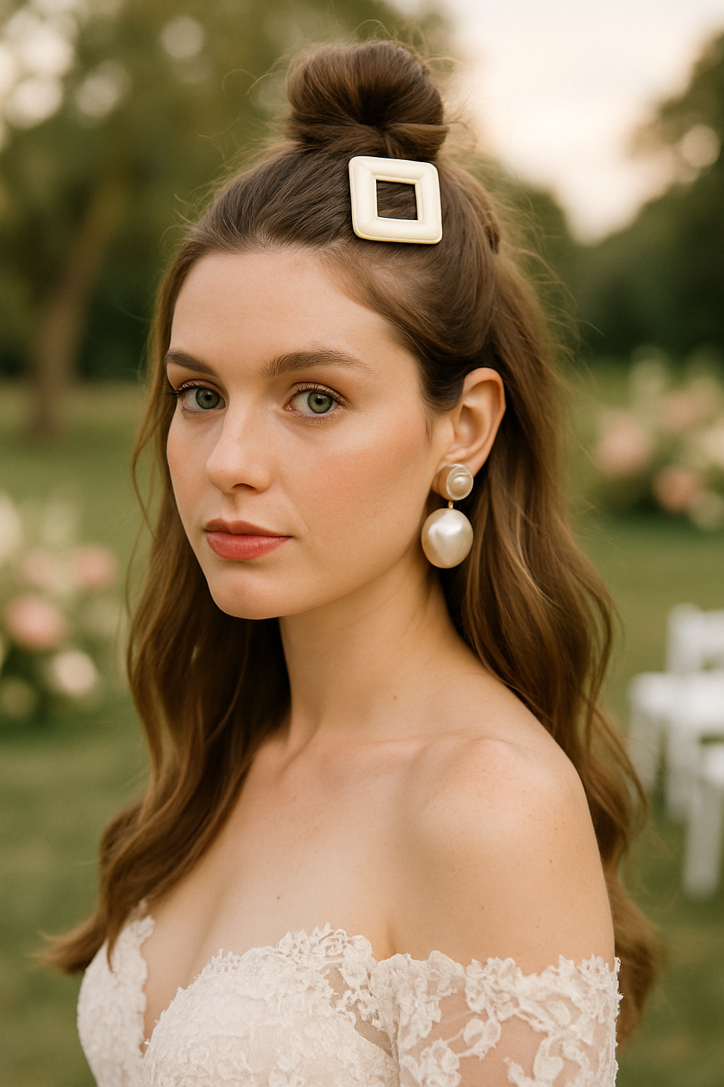 Bride with a half-up top knot hairstyle and statement accessories, including a square hair clip and large pearl earrings.