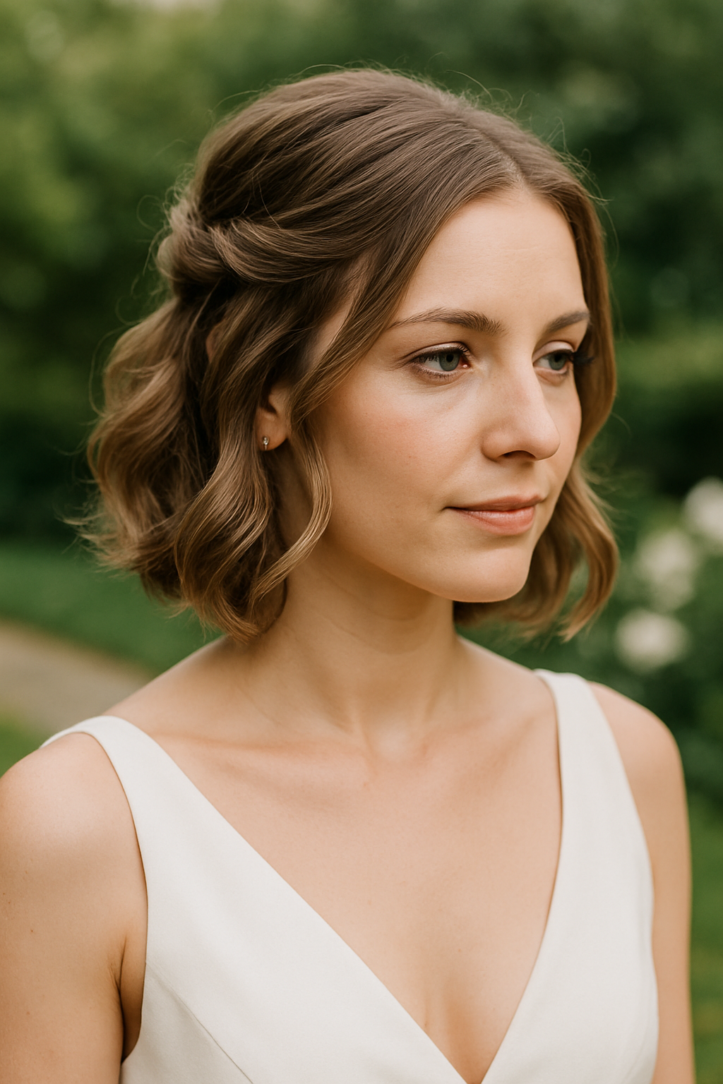 A bride with a half-up twist hairstyle showcasing a bob cut, set against a green background.