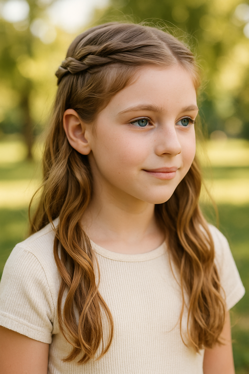 A young girl with a Half-Up Twisted Crown hairstyle, featuring soft waves and a twisted section at the top.