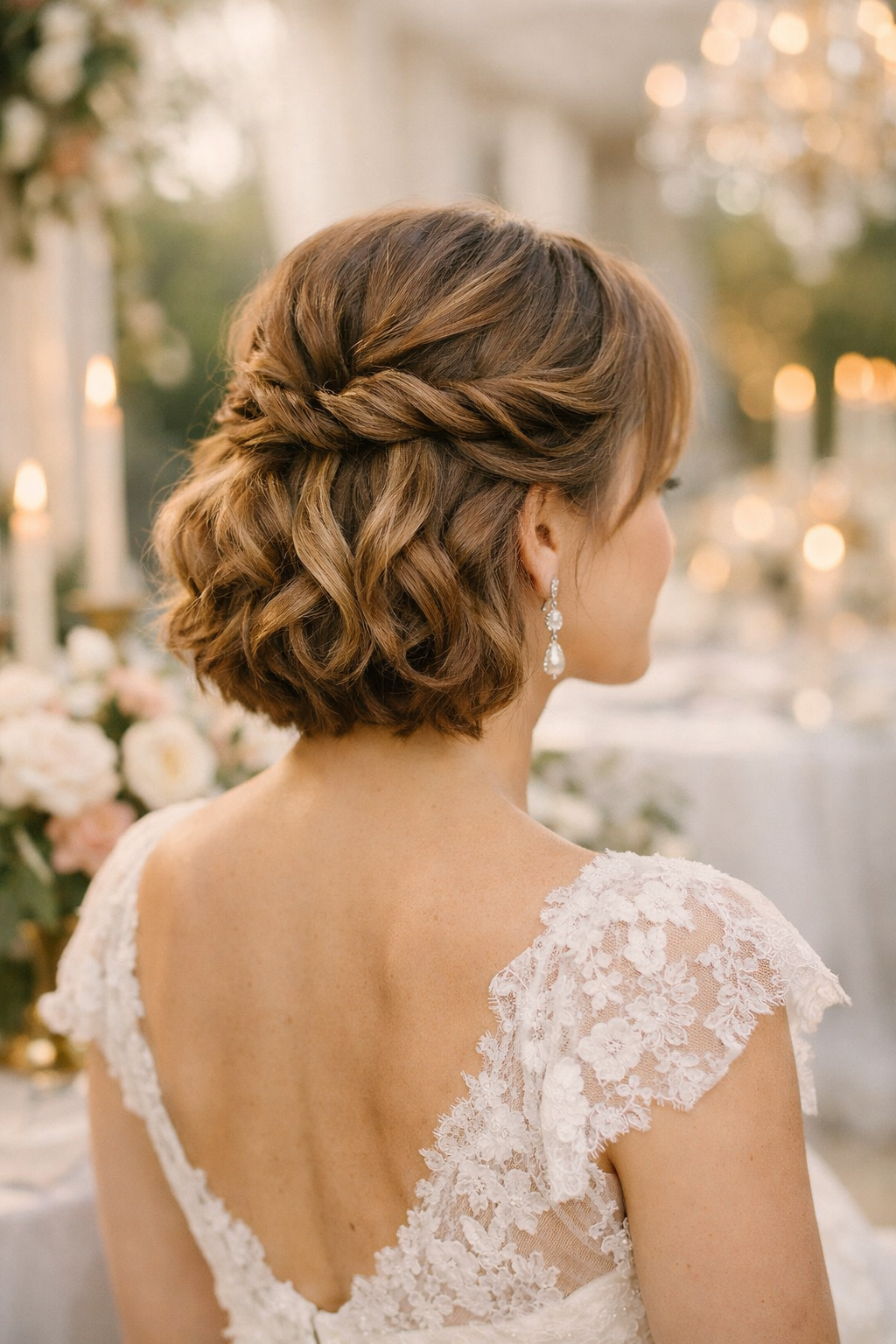 A woman with short hair styled in a half-up twisted hairstyle, showing off curls and wearing a lace dress.