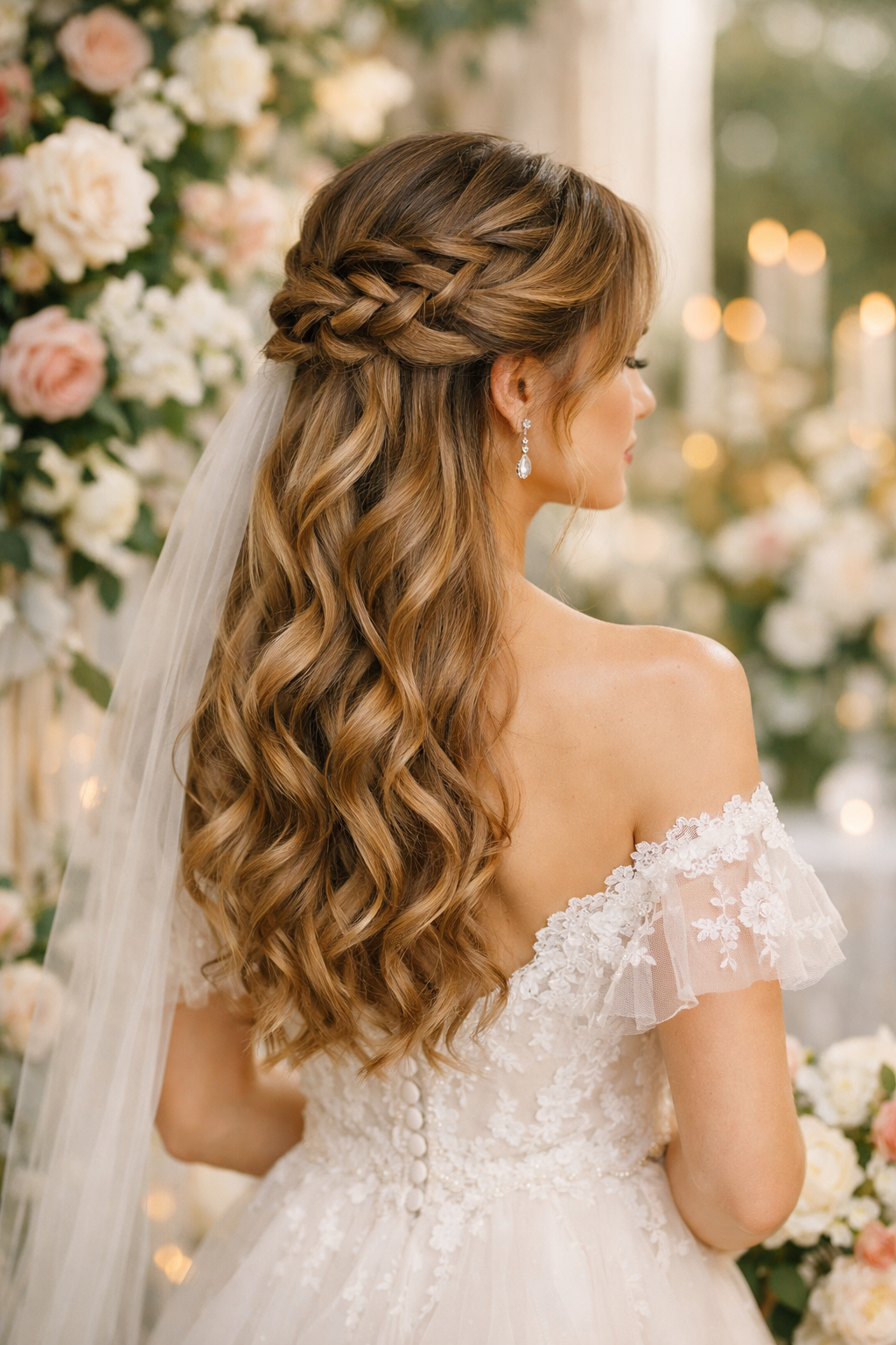 Half-up waterfall braid hairstyle for wedding guests with flowers in the background