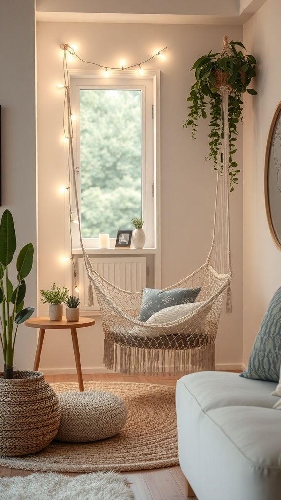 A cozy reading nook featuring a hammock chair, potted plants, and warm string lights.