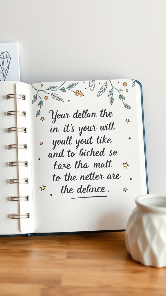 A hand-lettered quote in a diary with decorative leaves and stars.