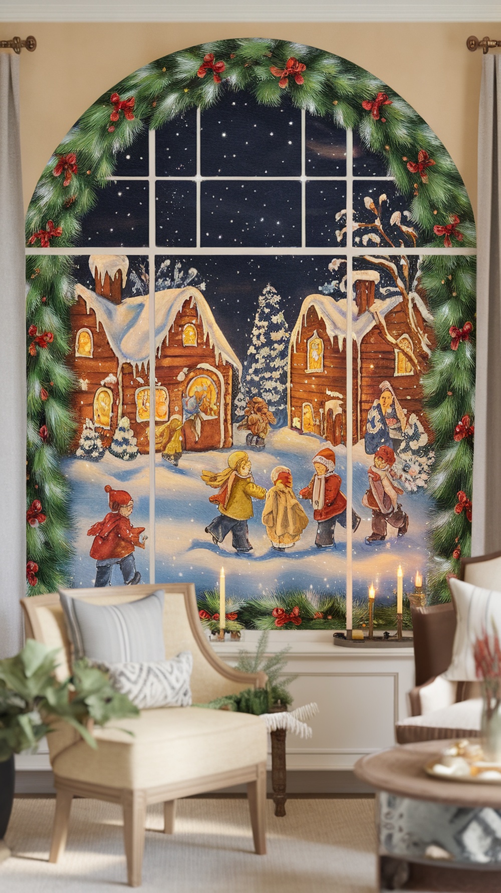 A hand-painted Christmas scene depicting children playing in the snow near cozy cottages, framed by a festive wreath.