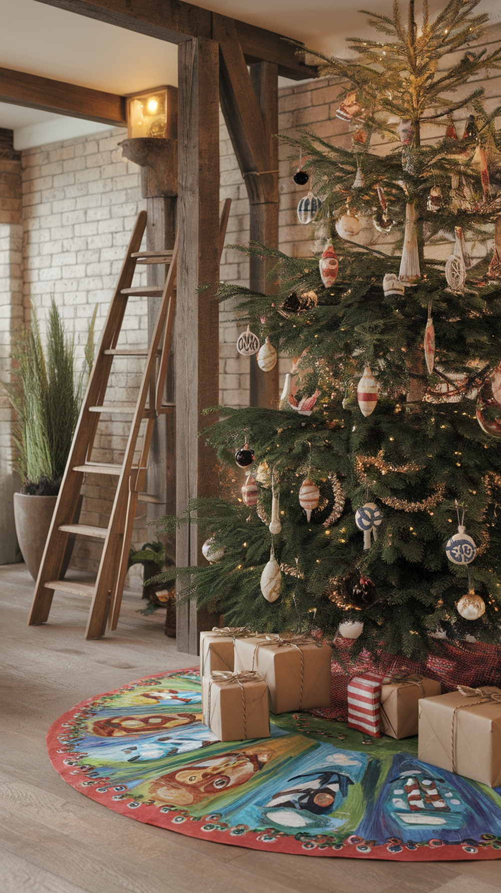 A hand-painted Christmas tree skirt with colorful designs under a decorated Christmas tree.
