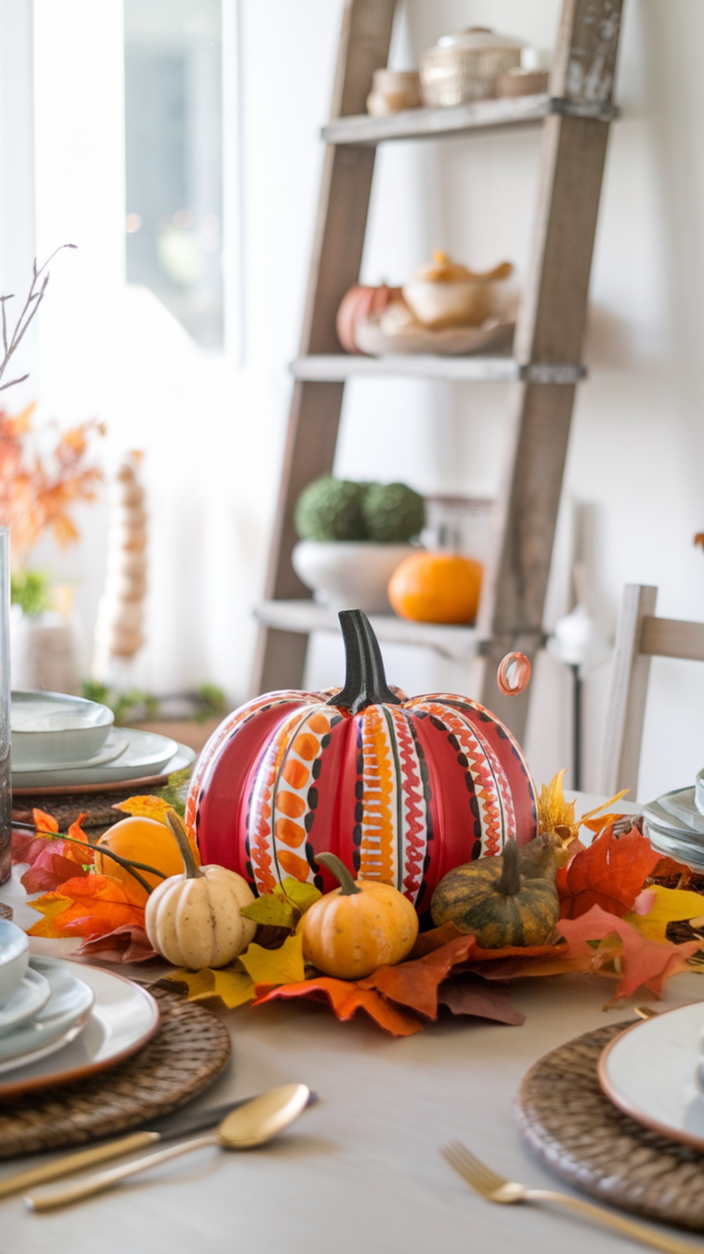 A hand-painted pumpkin centerpiece with colorful pumpkins and autumn leaves on a dining table.