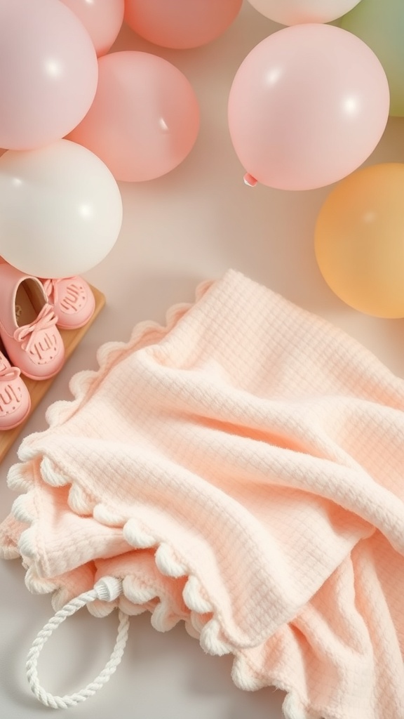 A soft pink handcrafted baby blanket with pom-pom trim, surrounded by pastel balloons and baby shoes.