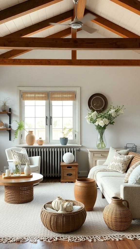 A cozy cottage living room featuring handcrafted decor elements like pottery and woven baskets.