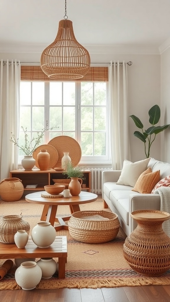 A cozy living room featuring handcrafted decor elements like woven baskets, pottery, and a natural light fixture.