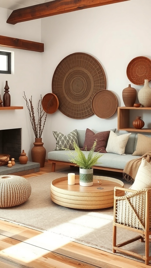 A rustic living room featuring handcrafted decor elements, including woven baskets, a wooden coffee table, and a cozy couch.