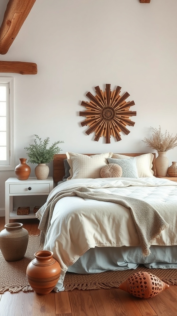 A rustic farmhouse bedroom featuring a cozy bed with neutral linens, handcrafted pottery, and a sunburst wall decor.