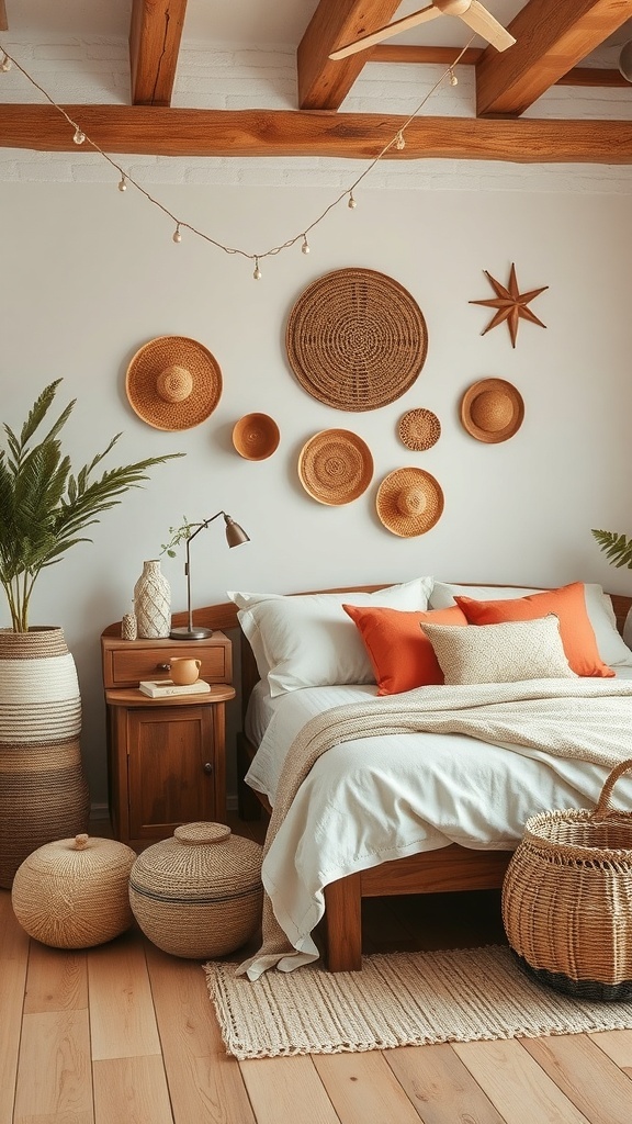 A rustic farmhouse bedroom featuring handcrafted elements like woven baskets, wooden furniture, and textured wall decor.
