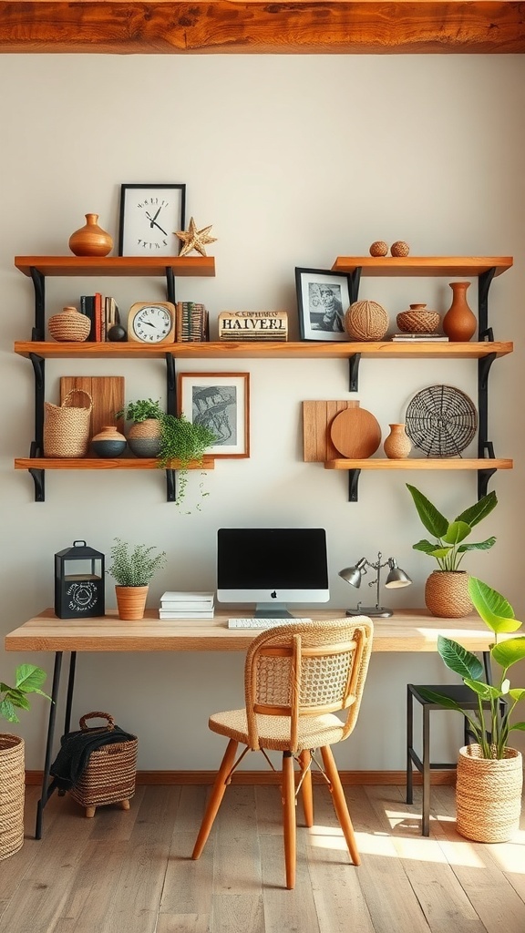 A rustic workspace featuring wooden shelves with handcrafted items, a natural wood desk, a rattan chair, and plants.