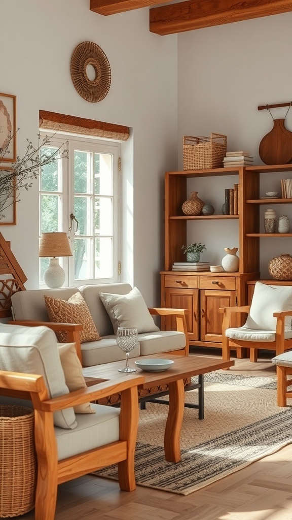 A rustic living room with wooden furniture, soft cushions, and decorative elements.