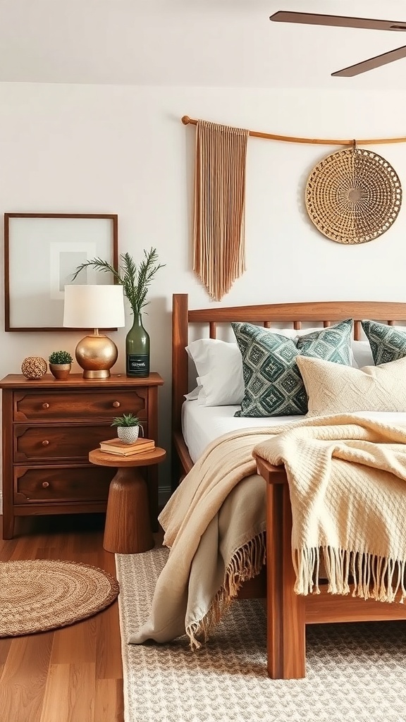 A cozy boho farmhouse bedroom featuring a wooden bed, nightstand, and decorative elements.