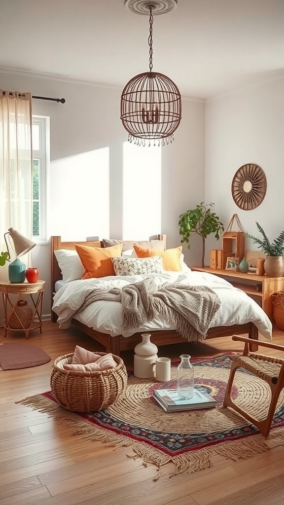 A cozy boho bedroom featuring a wooden bed, warm textiles, and handcrafted furniture.