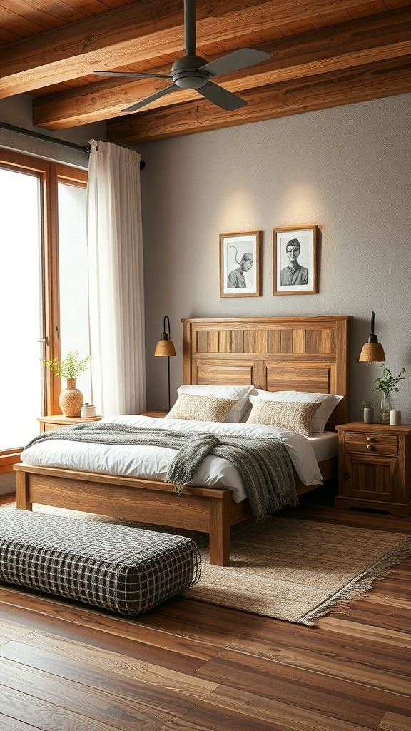 A rustic bedroom featuring handcrafted wooden furniture, including a bed, nightstand, and a bench, with warm tones and cozy decor.