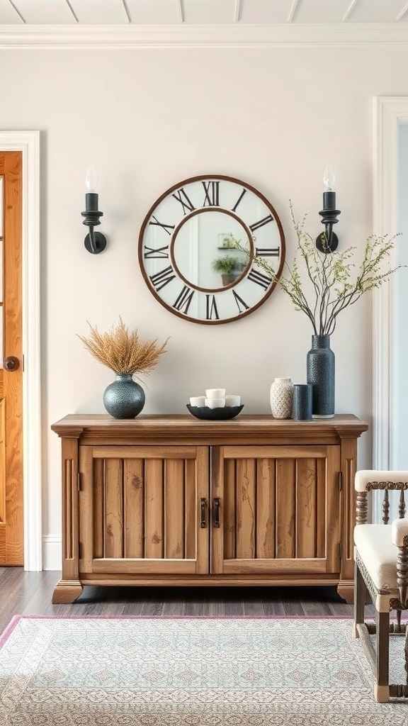A rustic entryway featuring a wooden sideboard, decorative vases, and a wall clock.