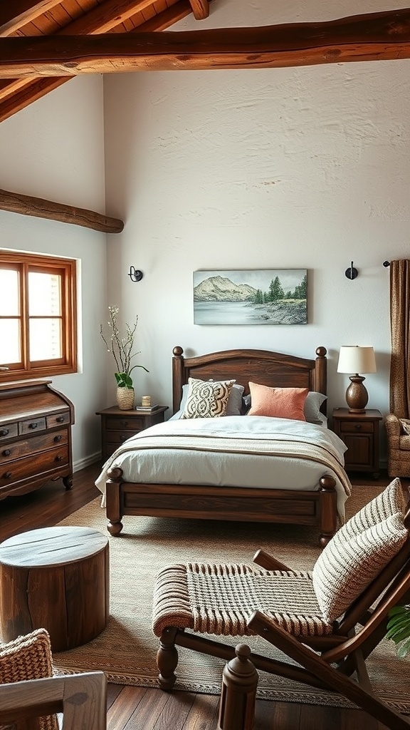 A rustic romantic bedroom featuring handcrafted wooden furniture, including a bed, nightstands, and a cozy chair.