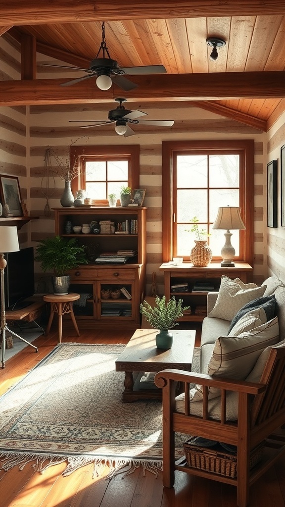 Cozy cottage interior featuring handcrafted wooden furniture, soft cushions, and natural light.