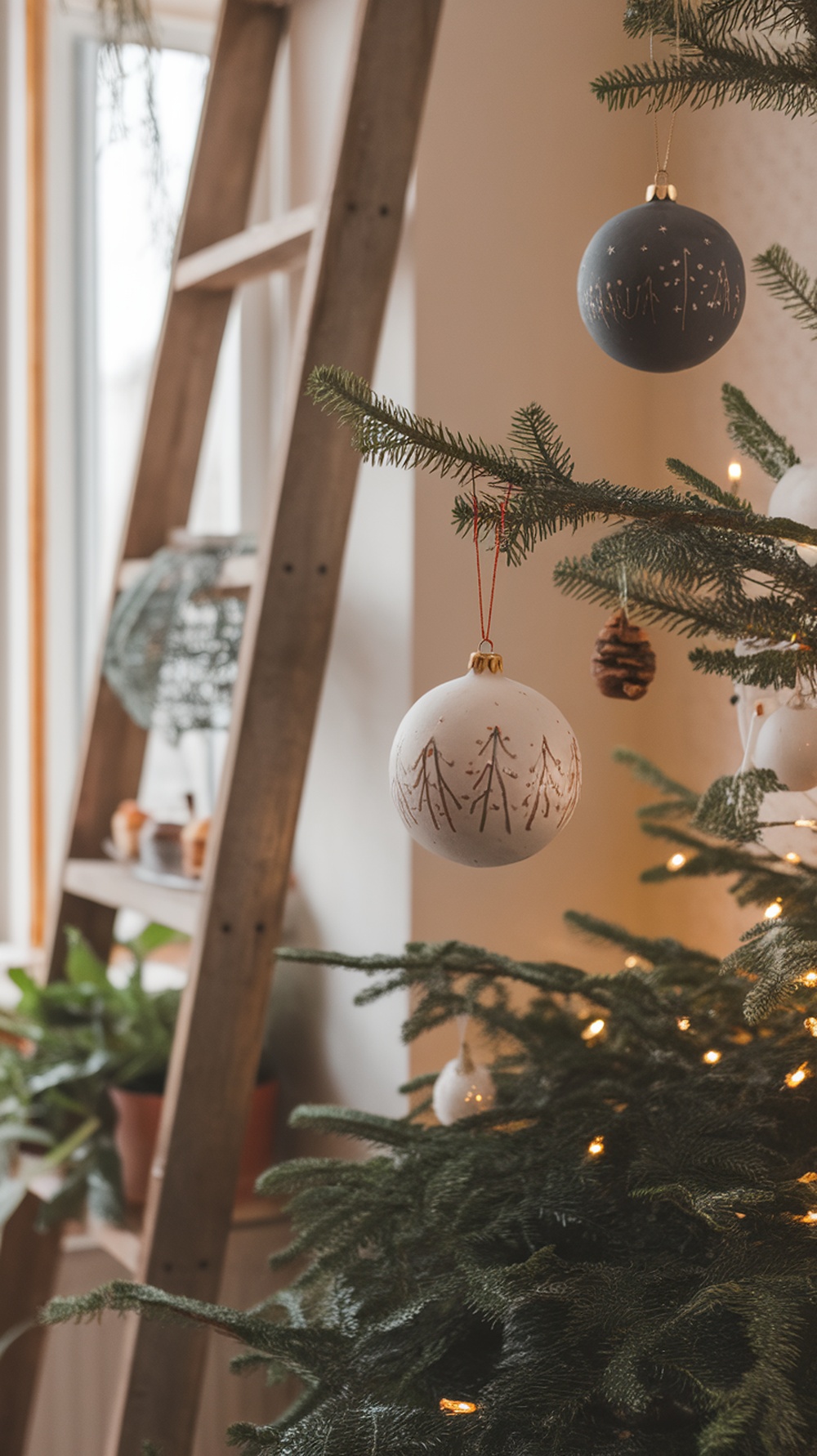 Handcrafted ornaments on a Christmas tree, featuring a white ornament with tree designs and a blue ornament with stars.