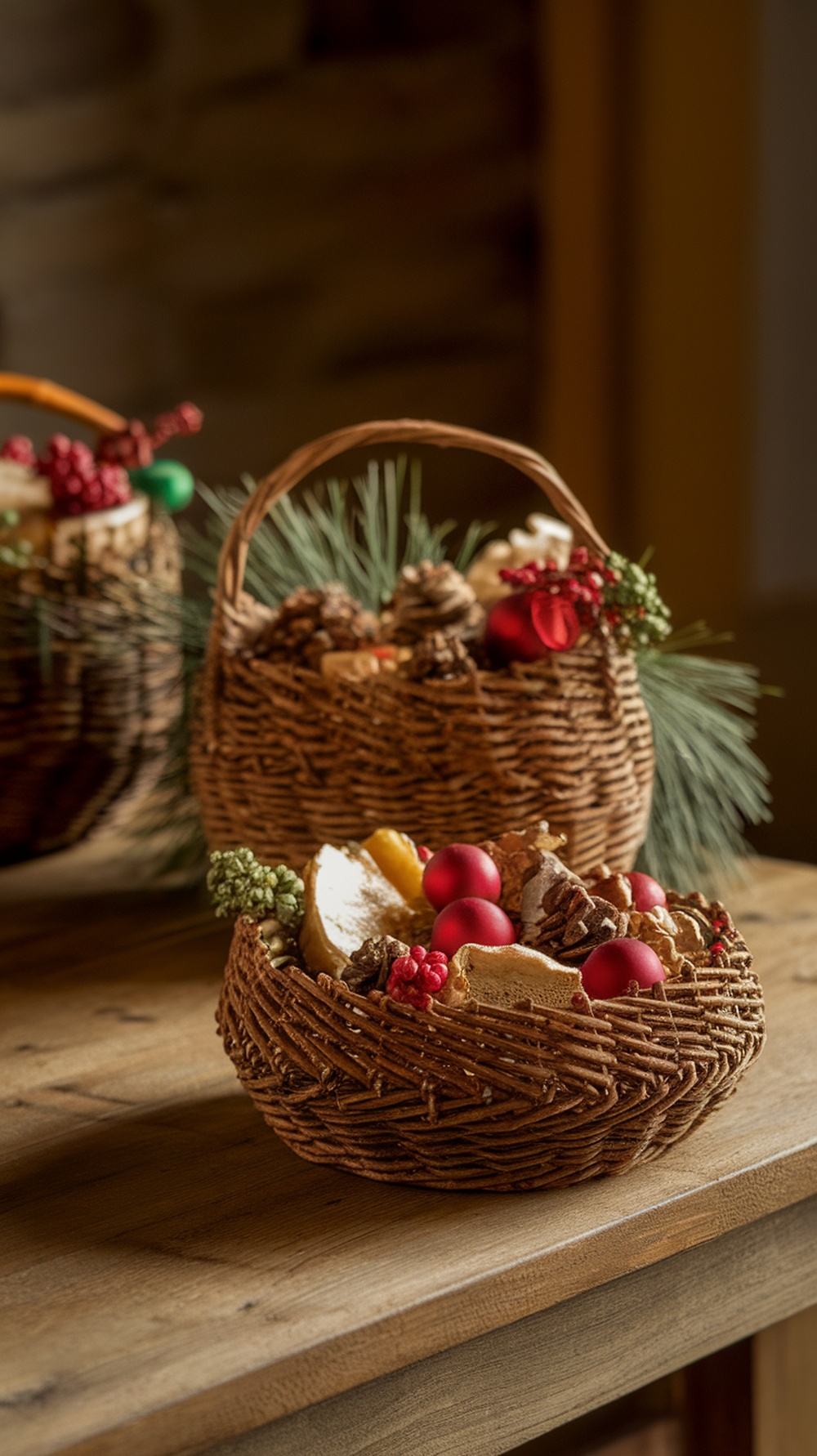 Handcrafted pine needle baskets filled with festive decorations like dried fruits and ornaments.