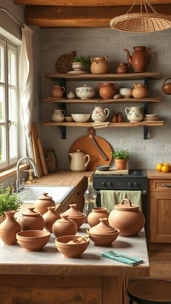 A rustic farmhouse kitchen featuring handcrafted pottery on a wooden countertop and shelves.