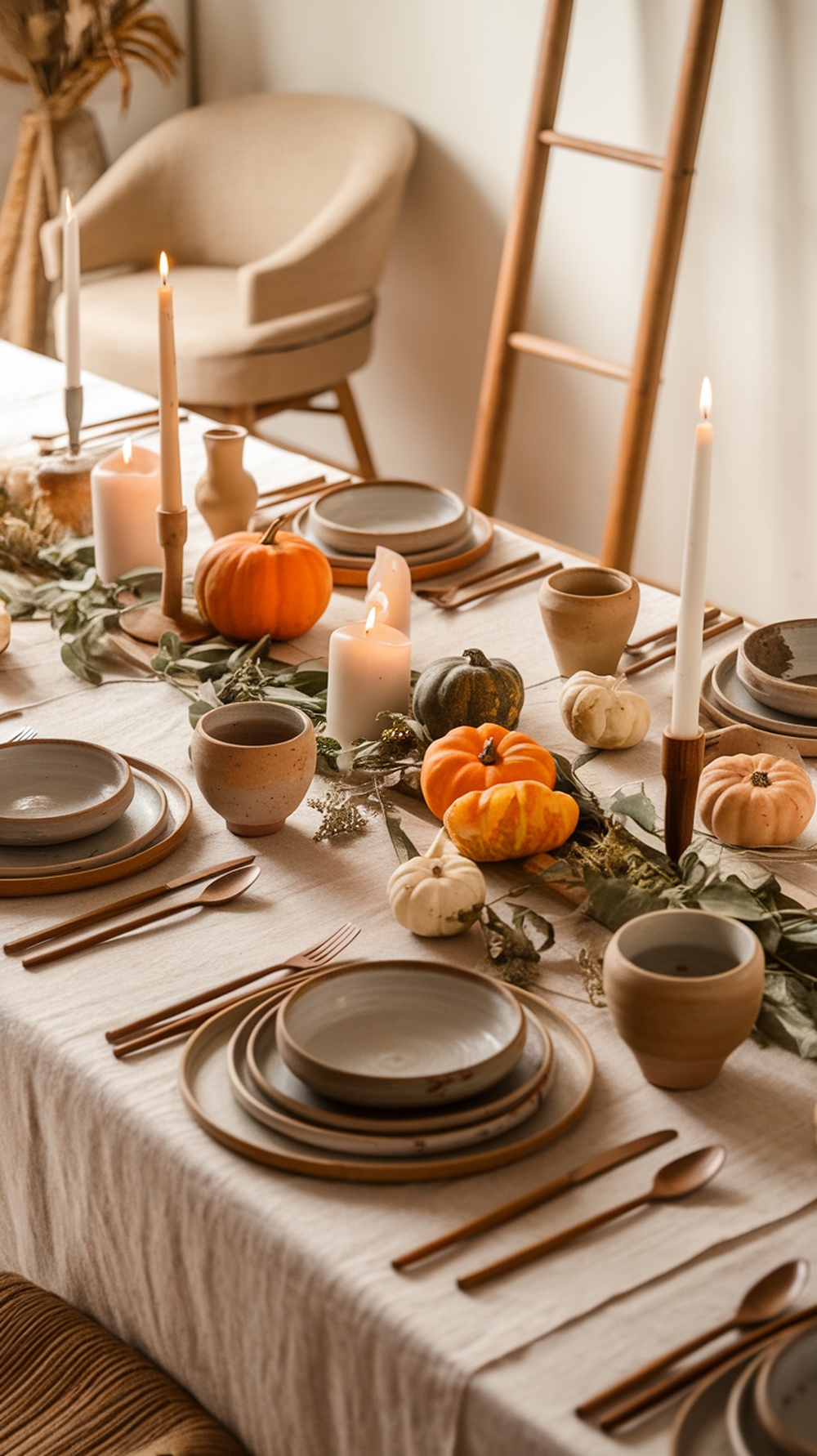 A beautifully set Thanksgiving table featuring handcrafted tableware, pumpkins, and candles.
