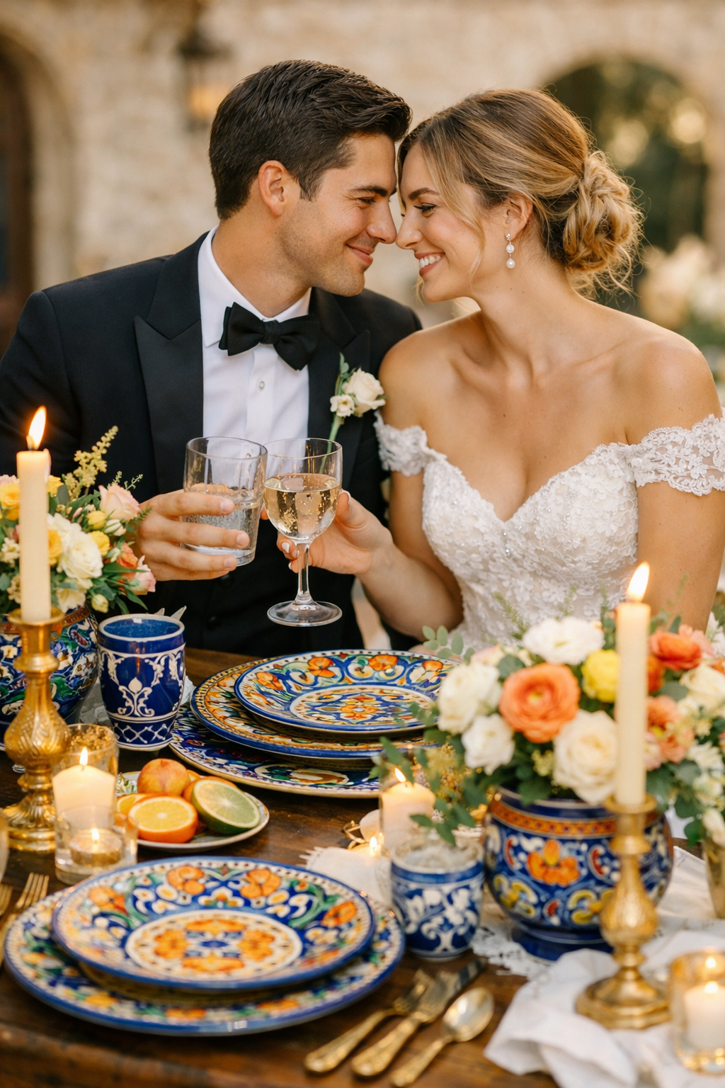 A couple enjoying a romantic dinner with Talavera ceramics, flowers, and candles on a beautifully set table.