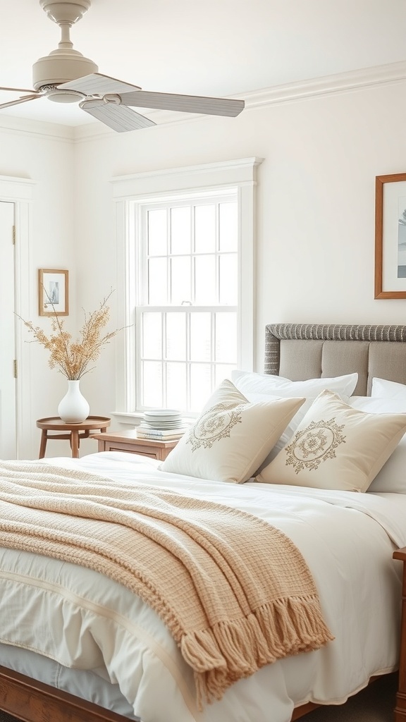 A cozy farmhouse bedroom featuring a bed with a textured blanket and embroidered pillows, creating a warm and inviting atmosphere.
