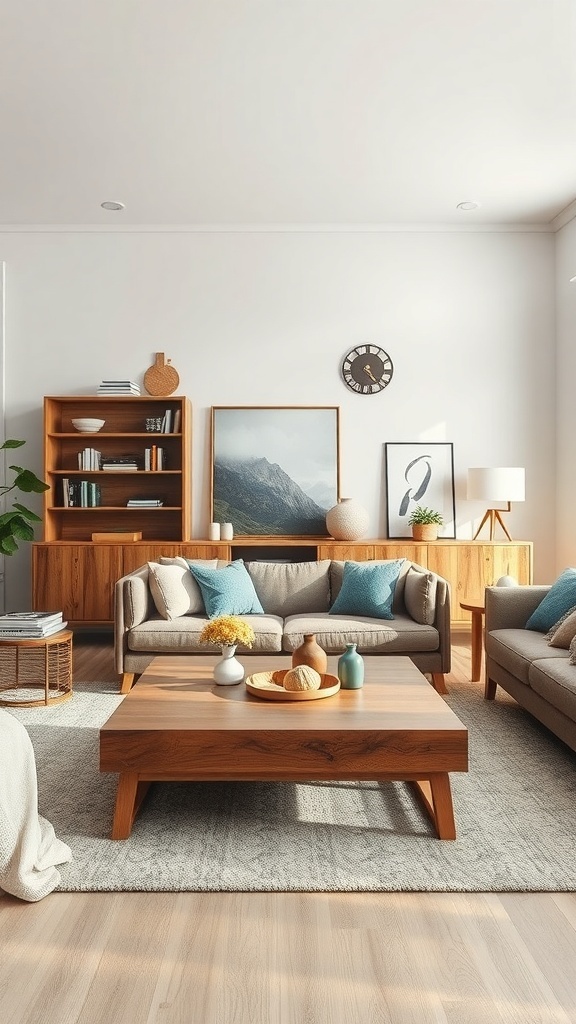 A rustic French country living room featuring handcrafted wood furniture, including a coffee table, bookshelves, and cozy sofas.