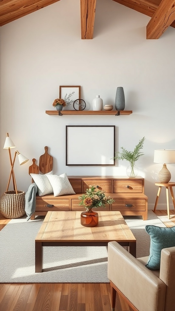A rustic farmhouse living room featuring handcrafted wooden accents, including a coffee table, side tables, and wooden shelves.