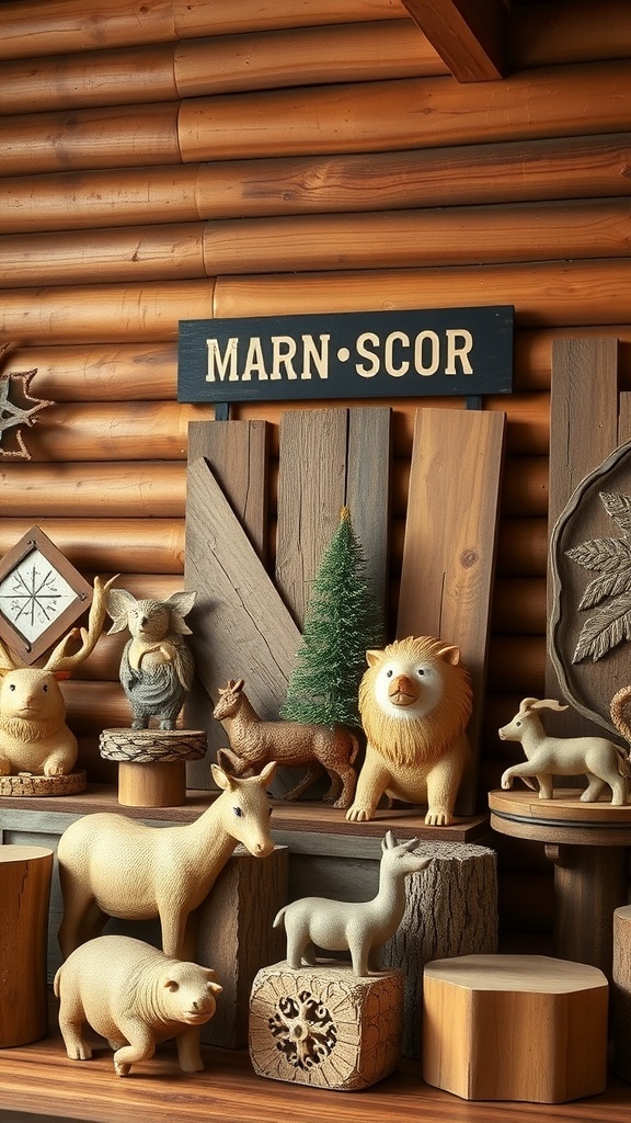 A collection of handcrafted wooden animal figures and decor items displayed in a rustic cabin setting.