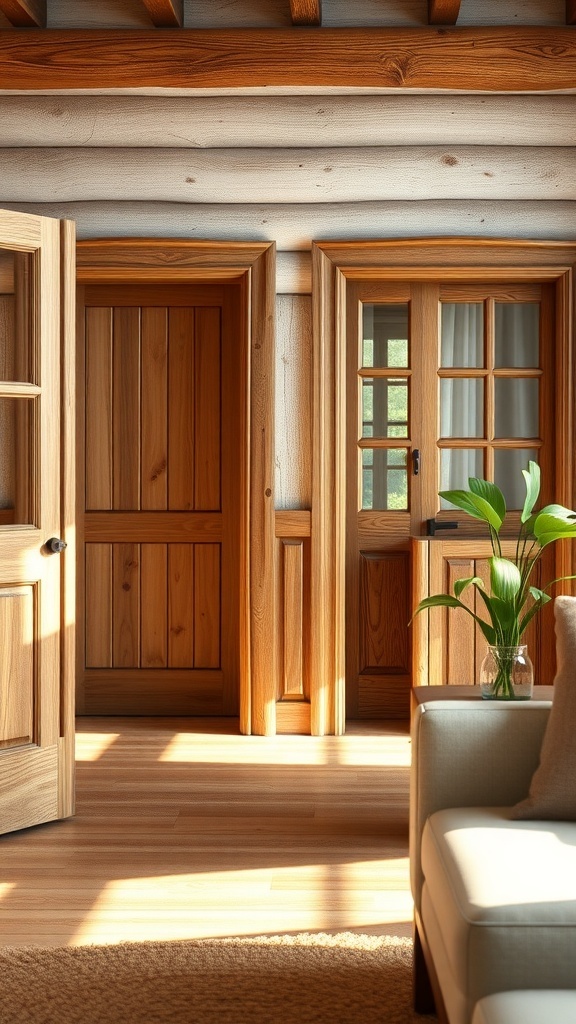 Interior of a rustic cottage with handcrafted wooden doors and window frames, showcasing natural wood textures and warm lighting.