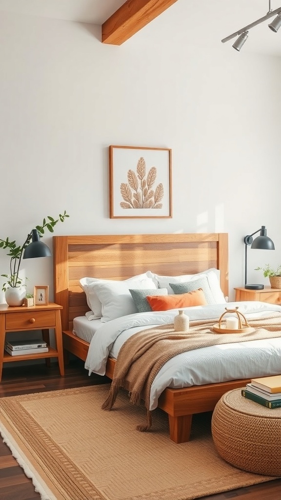 Cozy cottage bedroom with handcrafted wooden furniture and warm decor