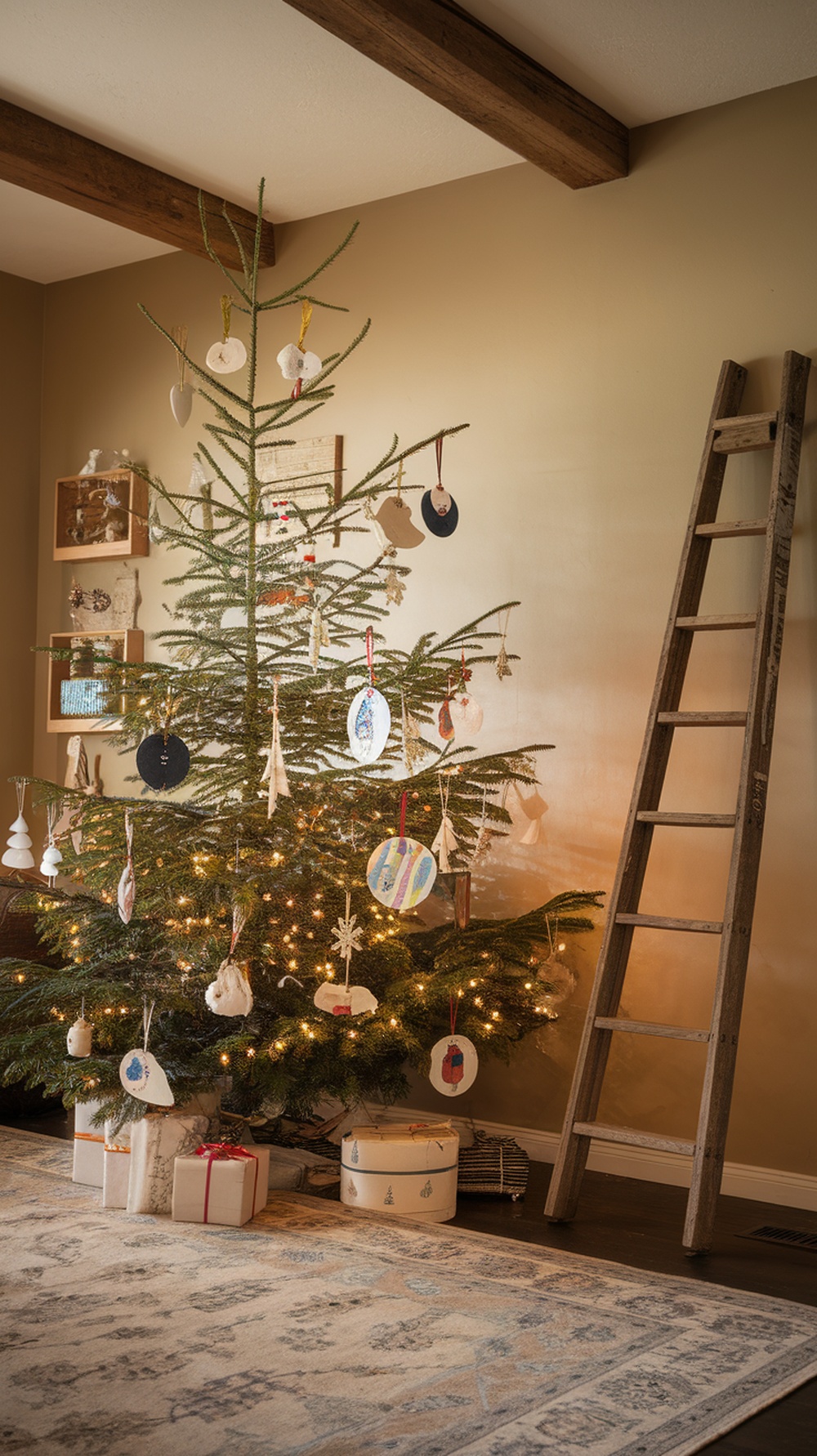 A Christmas tree decorated with handmade ornaments, including painted circles and snowflakes, with gifts underneath.