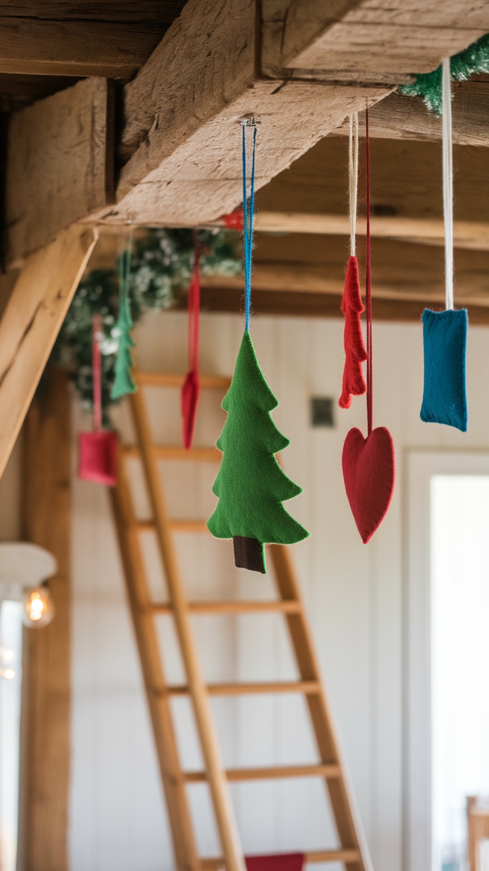Colorful handmade felt decorations hanging from wooden beams in a cozy farmhouse setting.