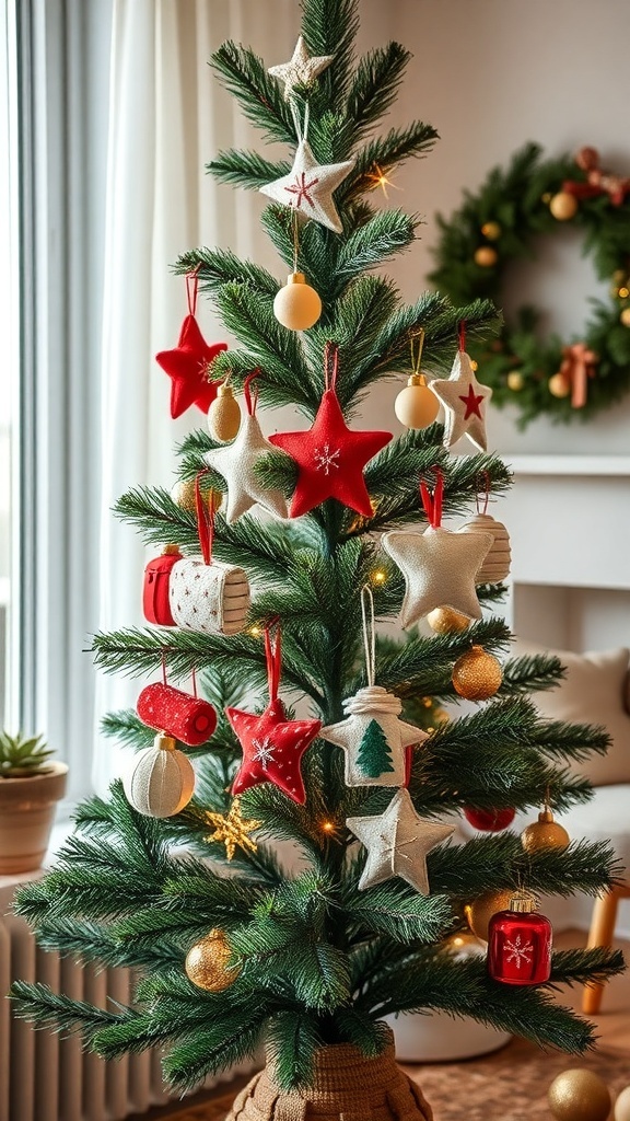 A rustic Christmas tree decorated with handmade felt ornaments in red and white.