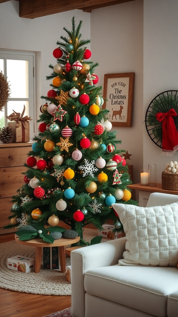 A beautifully decorated Christmas tree with colorful ornaments, including handmade felt pieces.