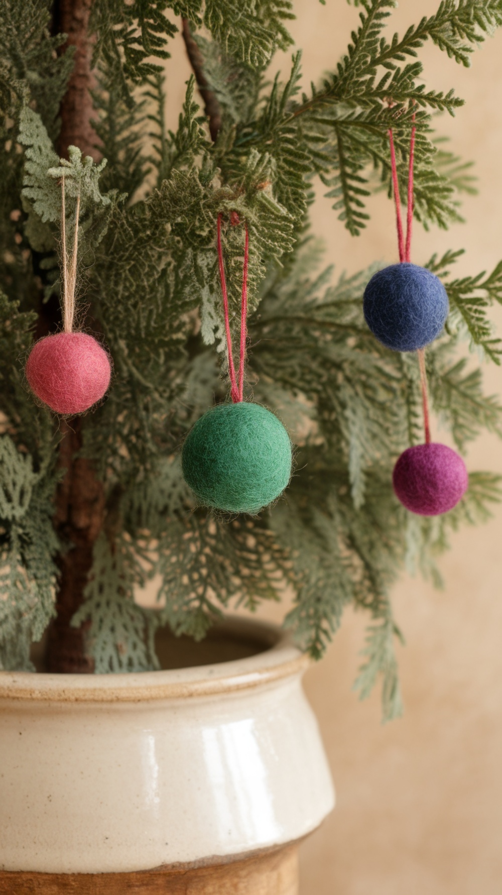 Colorful handmade felted wool ornaments hanging on a Christmas tree